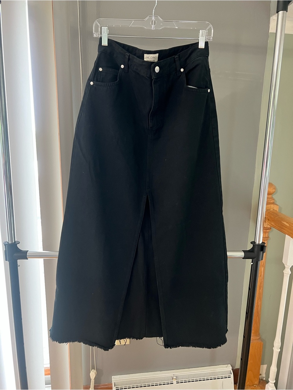 Pilcro Black Denim Midi Skirt with Center Slit